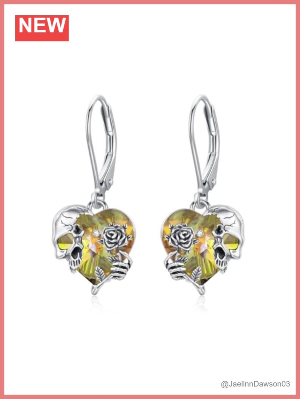 S925 Sterling Silver Skull Dangle Earrings Heart Crystal Leverback Gothic